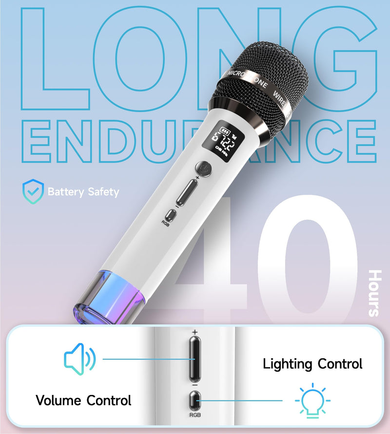 Wireless Microphones, Microphone with One-to-One Chip Connection and LED Lights, 40H Duration, 200FT Range Receiving, Volume Control Karaoke Microphone for Singing, Speech, Home Party, YouTube/TikTok White