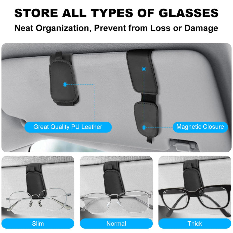 Teraves 2 Pack Sunglass Holder Clip for Car Visor, Upgrade Magnetic Leather Visor Sunglasses Clip, Easy to Hold Your Glasses Eyeglasses Solid Black