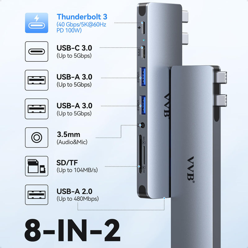 USB C Adapter for MacBook Pro Air M1 M2 M3 2021 2020 2019 13" 15" 16",USB C Hub Mac MacBook Pro Accessories Dongle USB C with 3 USB Ports+SD/TF Card Reader+100W Thunderbolt 3 PD Port+3.5mm Audio 8 IN 2 USB C Adapter