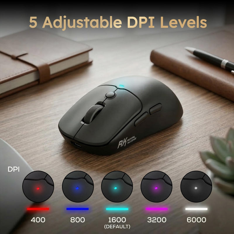 RK ROYAL KLUDGE MO1 Wireless Mouse, 55g Ultra-Lightweight Computer Mice, 6 Programmable Buttons, Quiet Click, 2.4GHz/Bluetooth/Wired, 6000 DPI Optical Sensor, Black