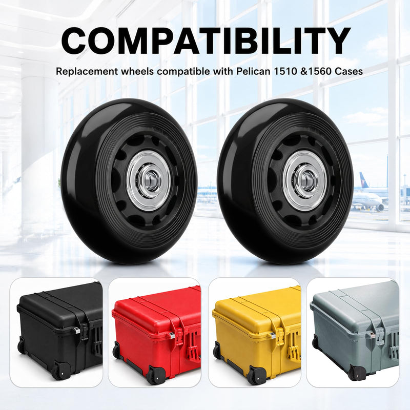 Replacement Wheels for Pelican 1510 and 1560 Cases, 2 Pack | Polyurethane construction helps absorb vibration for quieter rolling; bearings, hardware and hex tools included
