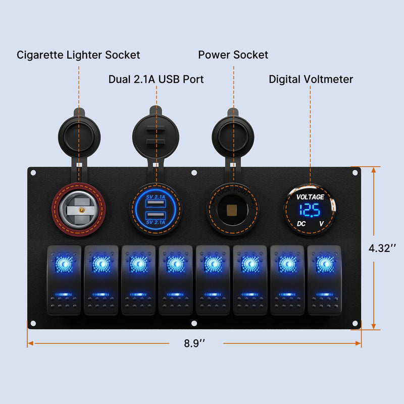 RVBOATPAT Marine Boat Switch Panel Waterproof 8 Gang 12V Rocker Switch Panel 12 Volt Toggle Switch Panel Blue LED Lighted for Automotive Car Truck 8 Gang Switch Panel