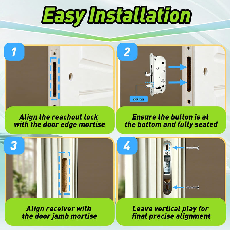 Reachout Lock and Receiver Kit Compatible with Andersen Door Models from 1986 to Present, Gliding Patio Door Mortise Lock & Keeper Replace 2573558, 2573562, 2565507, 2565509 (2 Panel + 3 Screws)