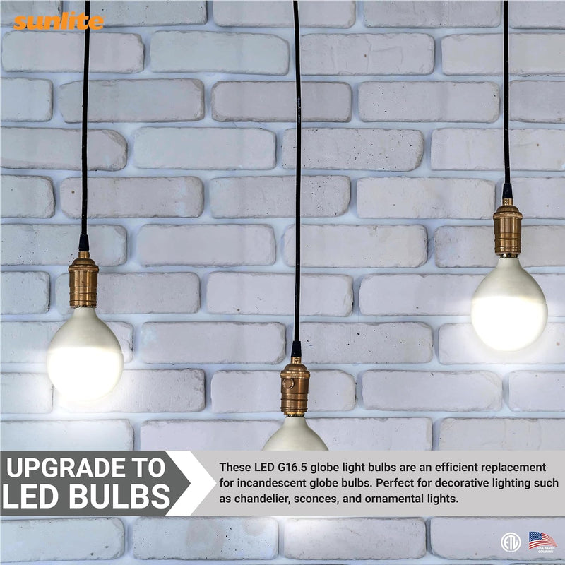 Sunlite G16.5 Light Bulb LED, 7 Watts (60W Equiv.), 500 Lumens, Dimmable, Type G Globe Shape E12 Candelabra Base, Short Bulbs, Vanity Mirror Bulbs, Energy Star, 2700K Soft White, Frosted, 6 Count Frost
