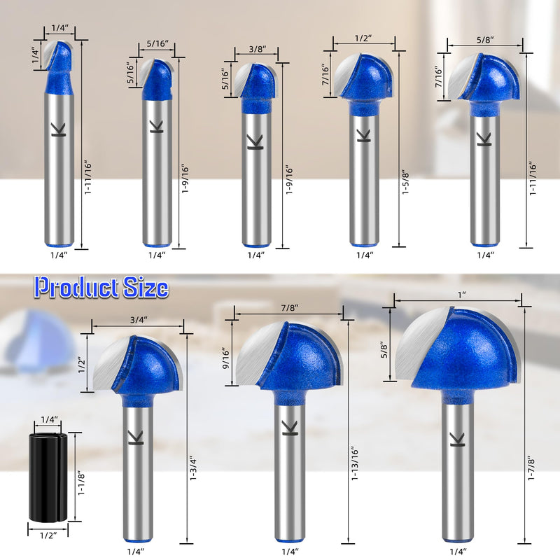 8Pcs Cove Box Round Nose Router Bit Set 1/4 Inch Shank, Carbide Tipped Core Box Router Bit-1/4 5/16" 3/8" 1/2" 5/8" 3/4" 7/8" 1" Cutting Diameter, for DIY, Woodworking Project 1/4" to 1" Cutting Diameters 1/4" Shank