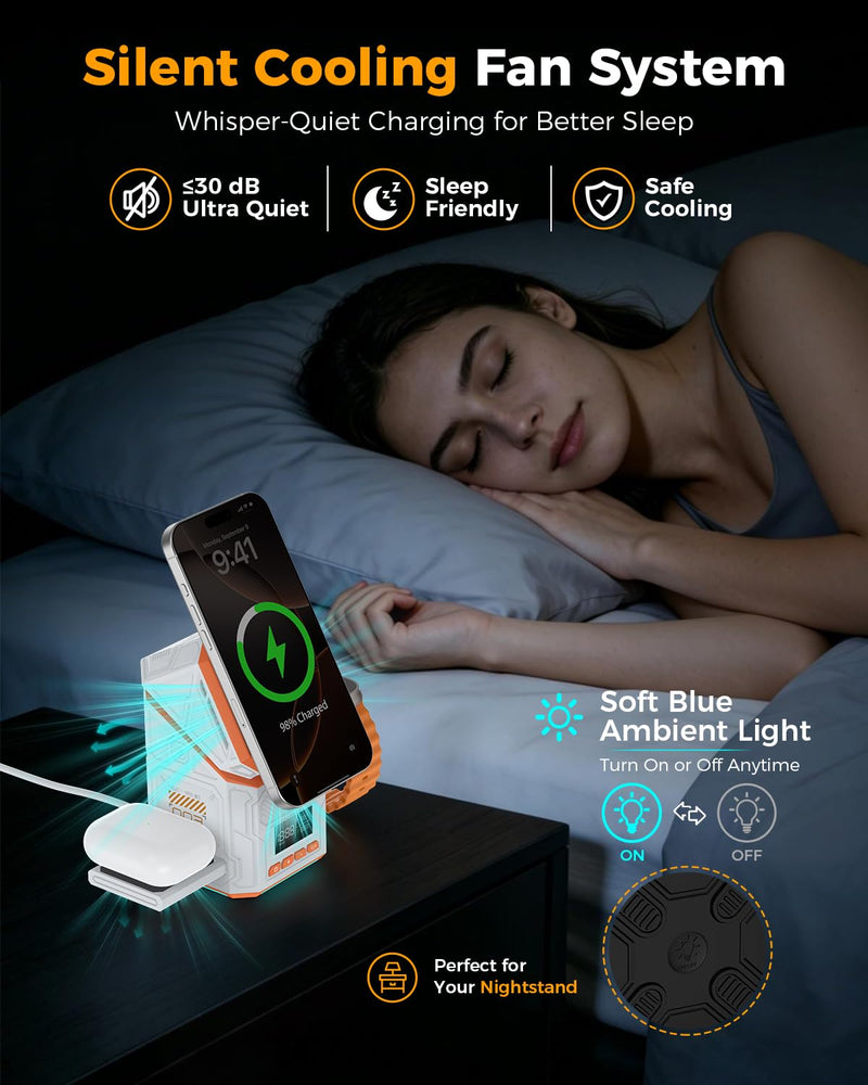 3-in-1 Wireless Charger Stand, Qi2 Certified 15W Fast Charging Station for iPhone 17 Pro, Auto-Rotation Mag-Safe Charger with Active Cooling Fan, Digital Clock & Monitor for Apple Watch, AirPods