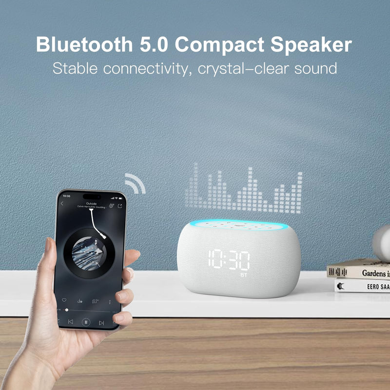 ANJANK White Noise Sound Machine Alarm Clock with Hi-Fi Bluetooth Speaker, 21 Soothing Sounds/7 Night Lights, 0-100% Dimmer/Sleep Timer/Volume Control, Soother for Adults Kids Sleeping, Bedroom, White B-white