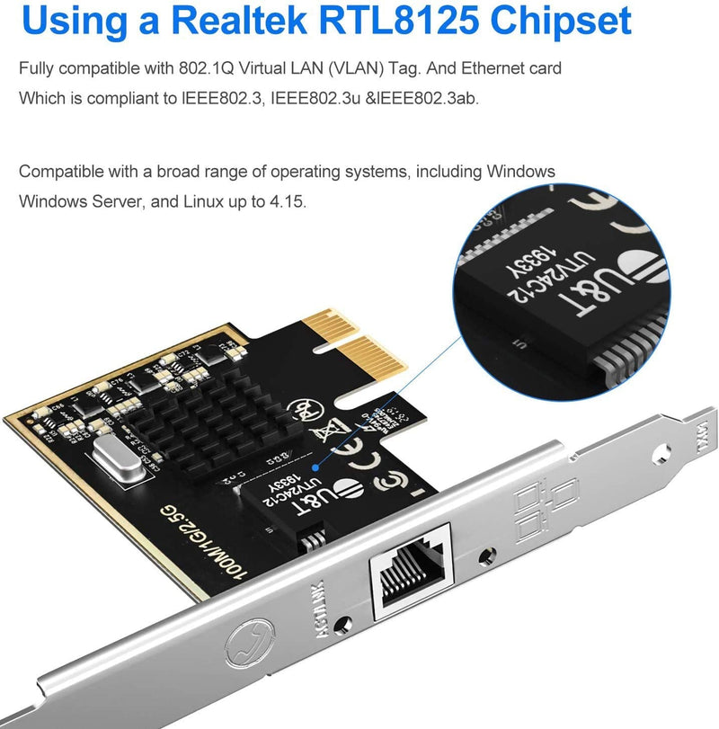 2.5GBase-T PCIe Network Adapter with 1 Port, 2500/1000/100Mbps PCI Express Gigabit Ethernet Card RJ45 LAN Controller Support Windows Server/Windows/Linux, Standard and Low-Profile Brackets Included 2.5G Network card with RJ45 Port