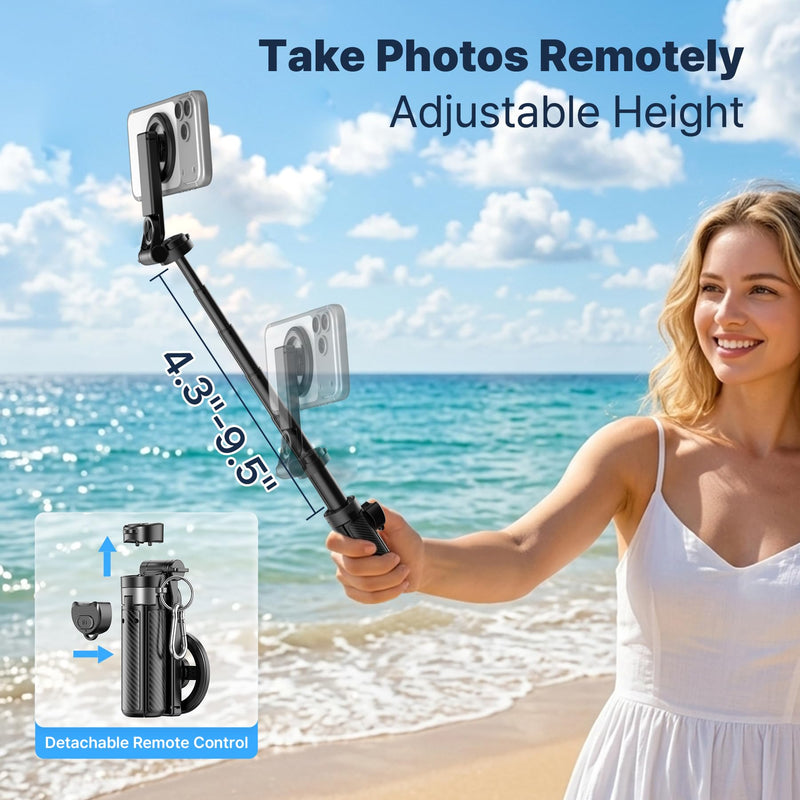 Magnetic Pocket Selfie Stick for iPhone, Lightweight Mini Selfie Stick Tripod with Detachable Remote, MagSafe Compatible, Foldable Extendable Phone Holder for Travel/Vlog/Video/Content Creators