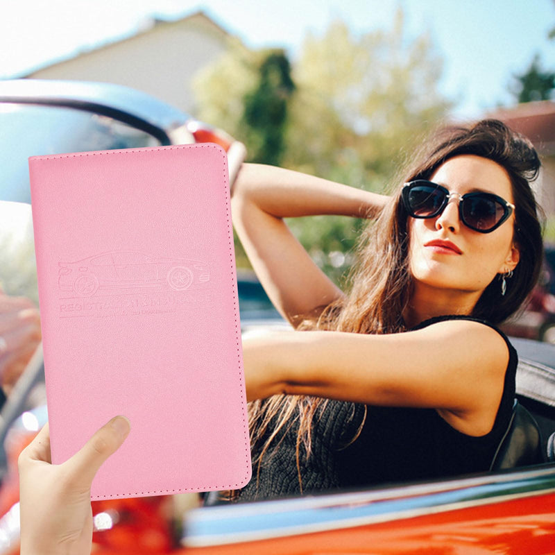 PLOJOP Car Registration and Insurance Card Holder, Leather License Document Pink Glove Box Compartment Organizer, Car Wallet Case for Essential Info, License Cards, ID Card L