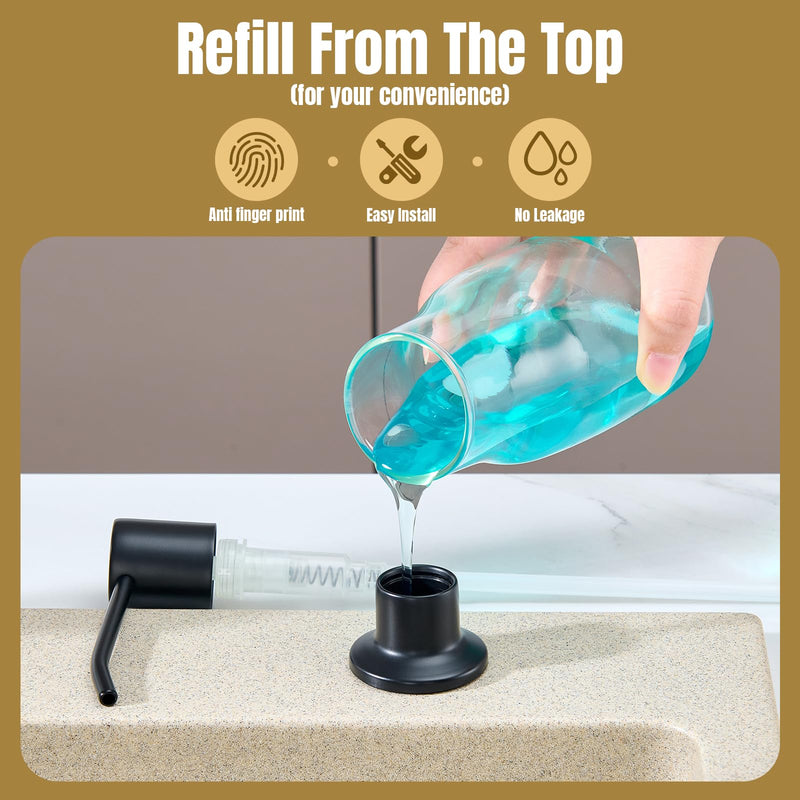 Soap Dispenser for Kitchen Sink, Matte Black Stainless Steel Built in Soap Dispensers, Countertop Kitchen Sink Soap Dispenser Pump Head for Bathroom with 11 OZ Large PET Transparent Bottle