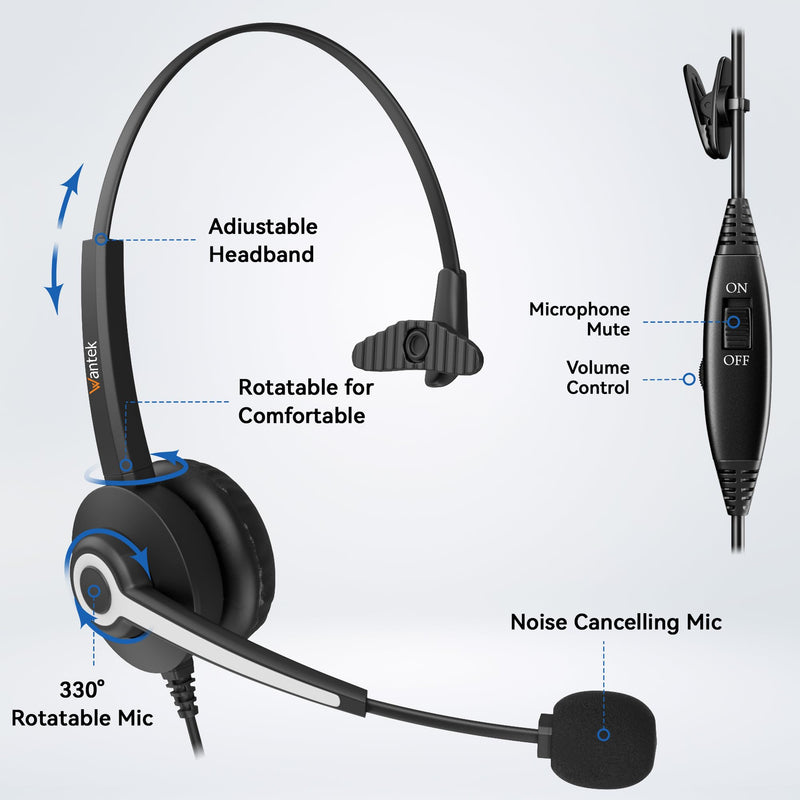 Wantek Monaural RJ9 Call Center Headset with Noise Cancelling Mic, Corded Office Headset with Mute for Avaya Phones Dark