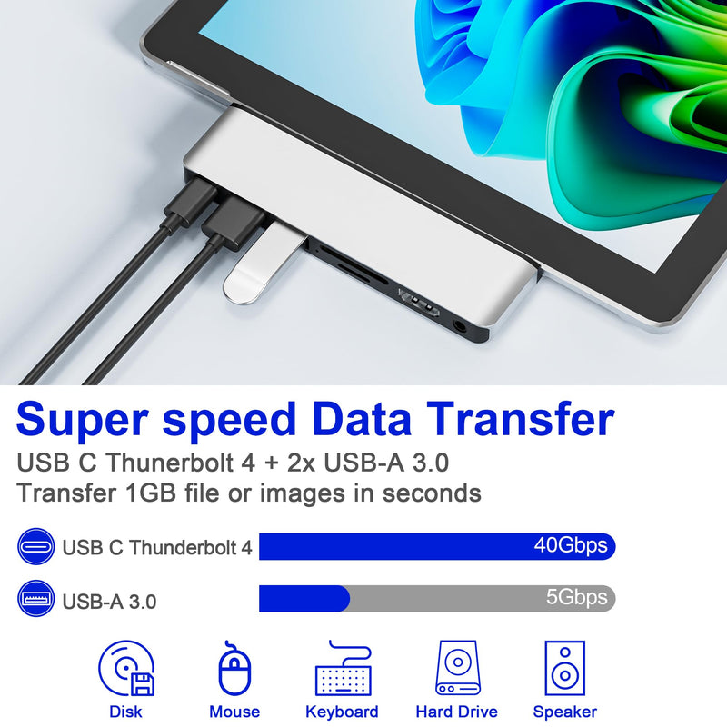 Surface Pro 11 USB C Adapter, Surface Pro 9 Hub Docking Station with 4K HDMI, Thunerbolt 4 (8K Video+Data+100W PD), 2*USB 3.0, 3.5mm Audio, SD/TF, USB C Hub for Surface Pro 11 Copilot/10/9/X slivery