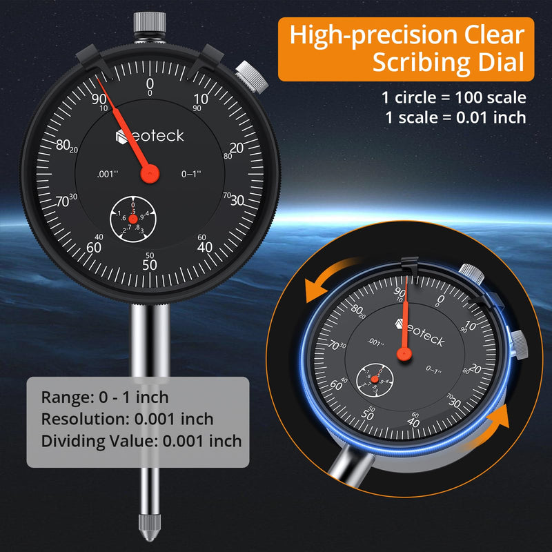 Neoteck 1"/0.001" Dial Indicator,Dial Indicator Gauge Full Metal Construction High Precision Tool for Lathe,Table Saw,Workshop and CNC Machining and Automotive Brake Caliper-Black Black