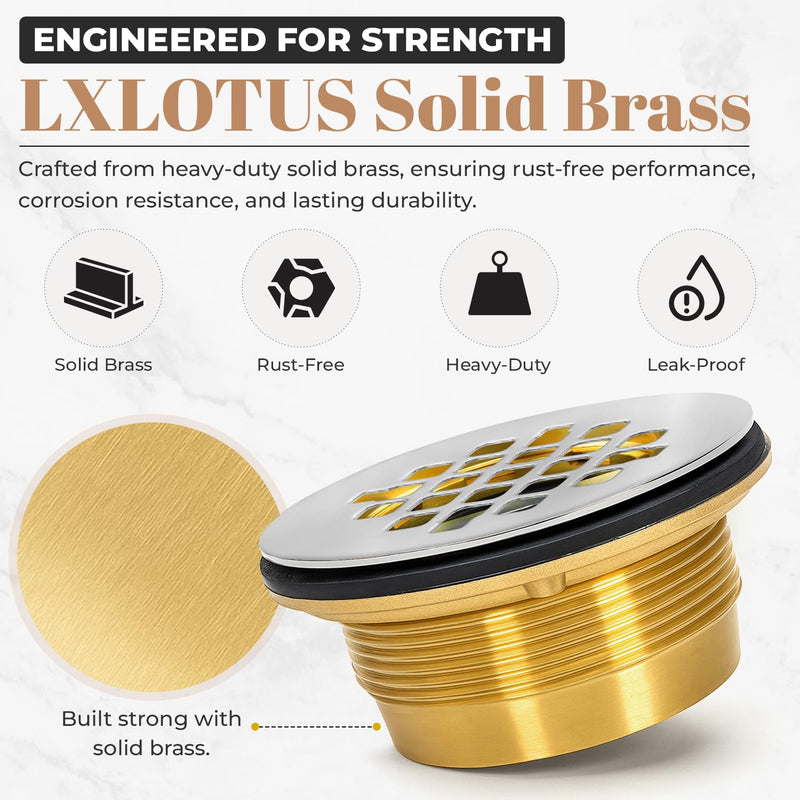 Solid Brass No-Caulk Compression Shower Stall Flange for 2" Drain Pipe with 4-1/4" Chrome Polished Stainless Steel Strainer