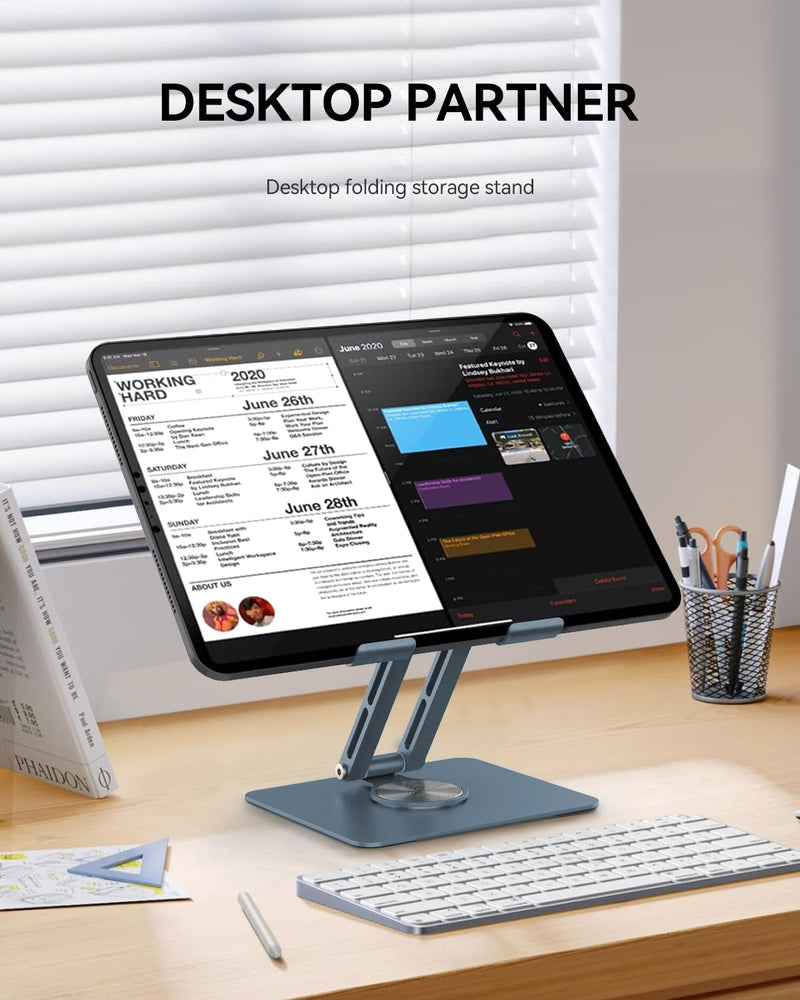 TIGRIS 360° Rotating Tablet Stand for iPad, Foldable Aluminum Desk Stand with Height & Angle Adjustment, Portable Holder for Office, Meetings, Kitchen, Compatible with iPad, Kindle, Surface, Gray