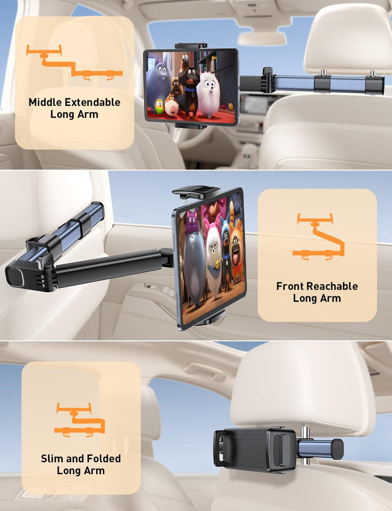 Tablet Holder Car Headrest Backseat Mount:[3 in 1 Long Arm ] Headrest Tablet Holder Fit iPad Car Mount Travel Accessory Car Tablet Holder Back Seat for Kids Adults Universal for All 4.7-12.9" Devices