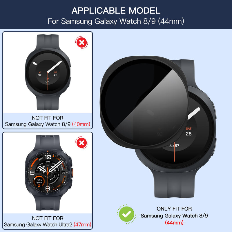 Suoman for Samsung Galaxy Watch 9/8 44mm Privacy Protector Case-Black*2 | 2-Pack,Anti-Peeping,Touch Sensitive,Scratch-Resistant,Tempered Glass Screen Protector,PC Hard Protective Bumper Cover Black Privacy*2 for Galaxy Watch 9/8 44mm