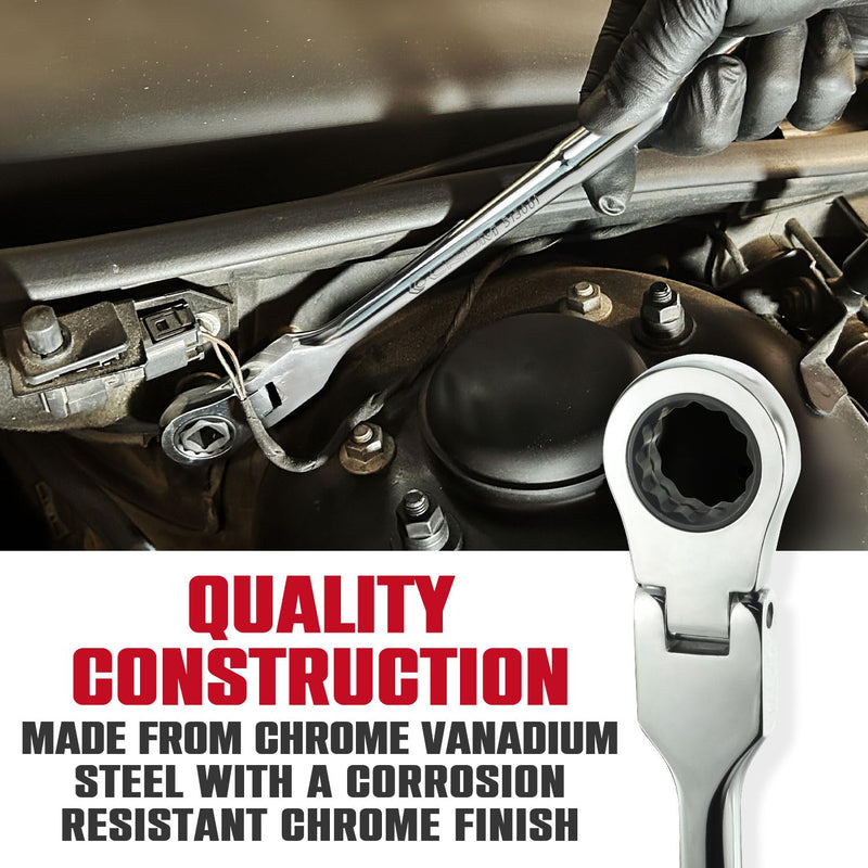 CROM Flex Head Ratchet Wrench - 10.5-Inch Long 17mm Flex head 120-Tooth 12 Point Stubby Socket Ratchet Wrench, Compatible with 3/8" Drive Nano Impact Sockets (10.5 Inch 3/8" Drive) 10.5 Inch 3/8" Drive