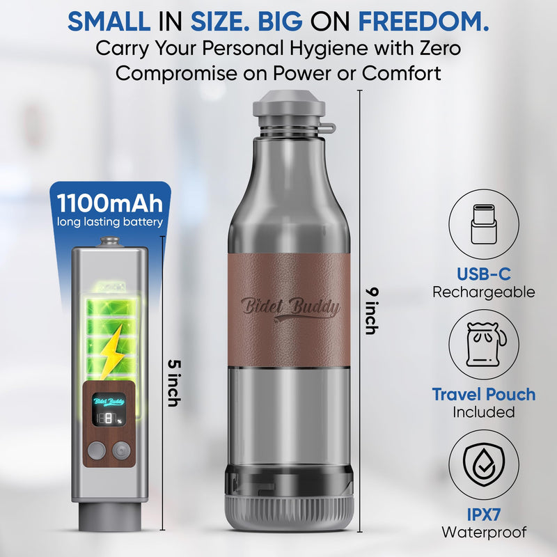 BIDET BUDDY® Evolv Portable Bidet for Travel – 530ml Bottle, Self-Cleaning Retractable Nozzle, 1100mAh Rechargeable, USB C Charging, IPX7 Waterproof with LED Display, 3 Water Flow Modes - Silver