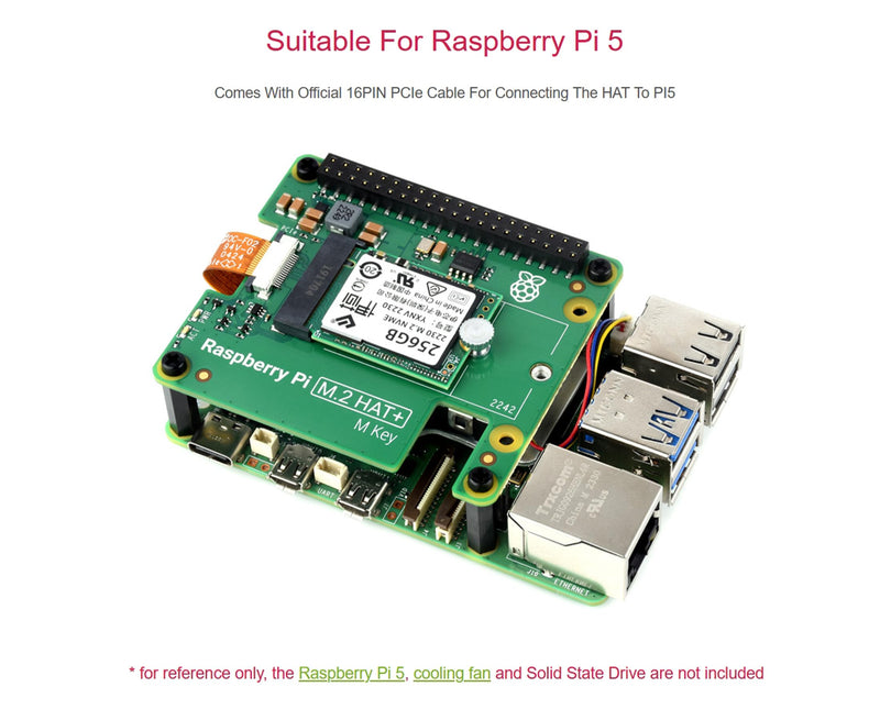 Official Pi PCIe to M.2 HAT for Raspberry Pi 5, HAT + Standard, Supports NVMe Protocol M.2 Solid State Drive 2230/2242 High-Speed Reading/Writing