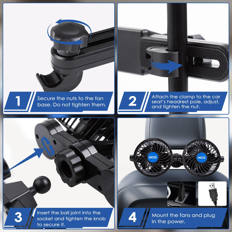 XOOL USB Dual Head Backseat Car Fan – 360° Rotatable Rear Seat Air Circulator with Stepless Speed & Adjustable Clip for Kids in SUV, Truck, RV USB Dual Fan - Rear (Stepless)