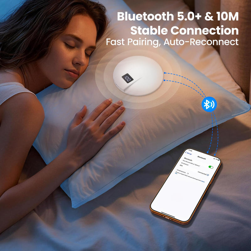 Bone Conduction Under Pillow Sleep Bluetooth Speaker for Side Sleepers, Bluetooth 6.0 Wireless Speaker with Digital Display Portable Player for Sleep Music White Noise Audiobooks (White)