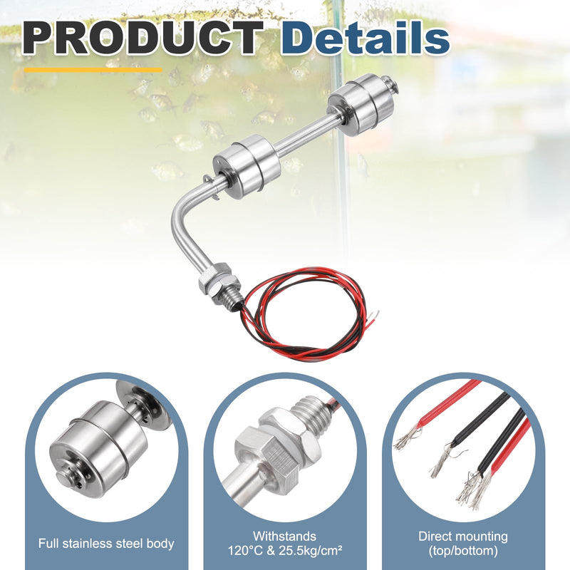 MECCANIXITY Stainless Steel Float Switch, 150mm Rod 110V DC 0.5A Horizontal Water Level Sensor M10 Thread Double Tank Liquid Level Controller for Pump/Alarm 1 Pcs