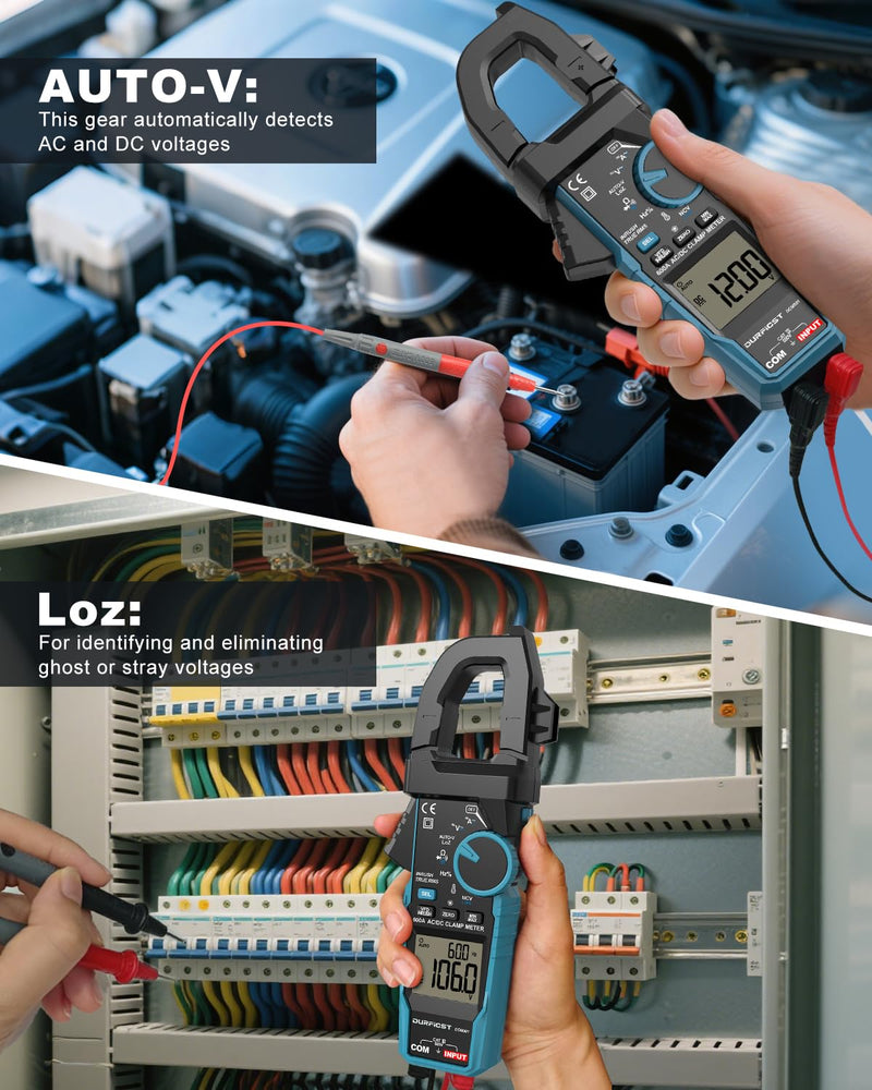 Clamp Meter DURFICST Digital Inrush Clamp Multimeter AC/DC 600A 6000 Counts Amp Voltage Tester with VFD, LOZ Mode，Measures AC/DC Current Voltage NCV Temperature Resistance Capacitance Frequency