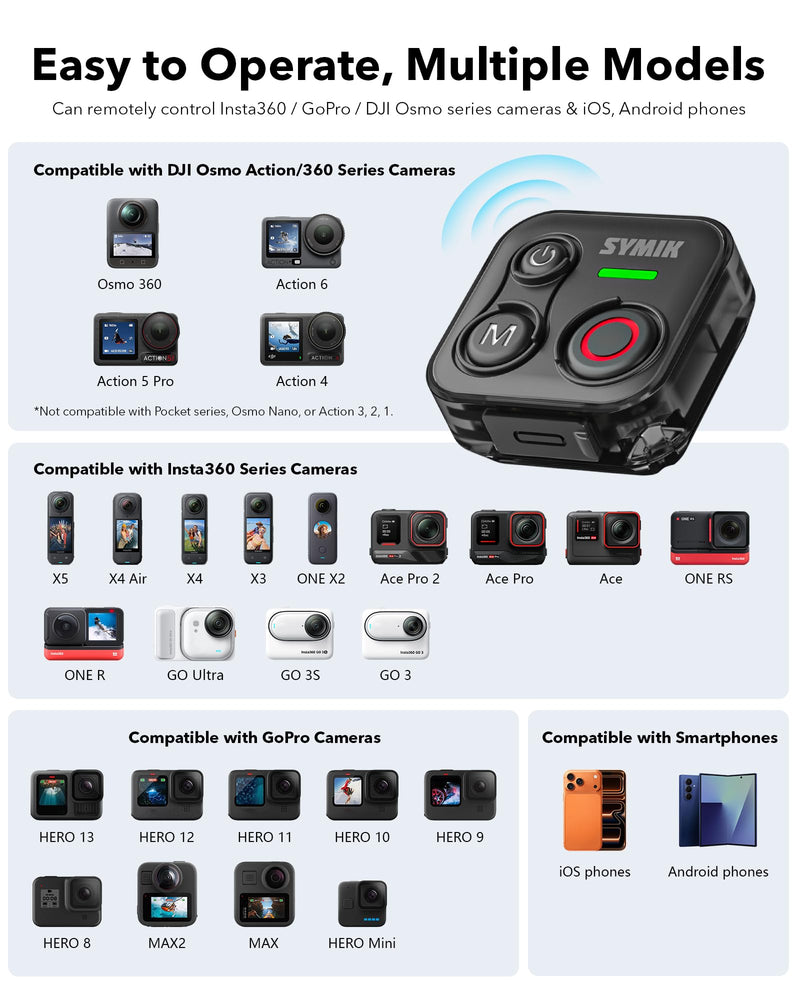SYMIK Remote Control for Insta360, Bluetooth Remote for GoPro and DJI | Universal Shutter Remote Control for DJI Action Camera & Phone, Splash Resistance, Rechargeable, 230ft Range, 120-H Battery