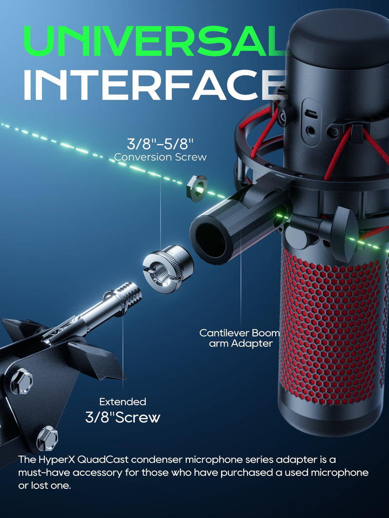 CACENCAN Upgraded Mic Arm Stand, 1.8KG Heavy Duty Boom Arm for HyperX QuadCast, 360° Adjustable Microphone Stand with C-Clamp, Universal 3/8" 5/8" Adapter for Gaming Streaming Podcast Recording Studio Black