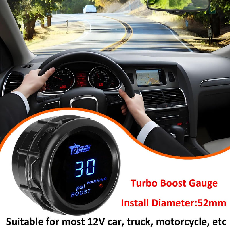 Car Boost Gauge 12V Auto Boost Psi Gauge 2" 52mm Turbo Boost Gauges Meter Digital Blue Light Instruments -30-0 - 30 Psi Smoke Tint Len with Sensor Blue Light Boost Gauge Psi
