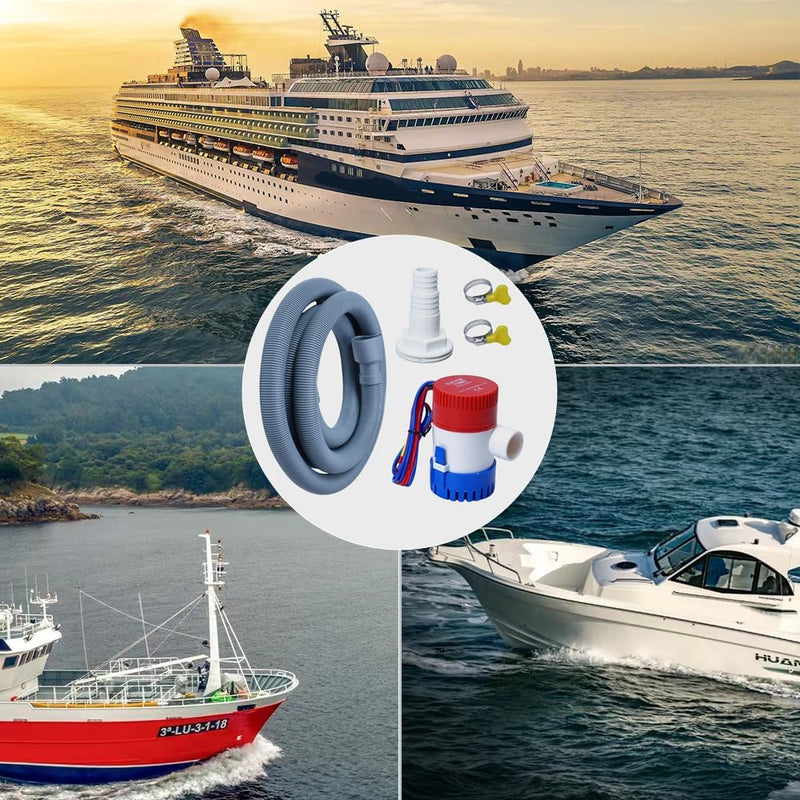 12v 1100gph Boat Bilge Water Pump, 1-1/8 Inch Bilge Pump Plumbing Kit, 6.5FT Bilge Pump Hose, 2 Stainless Steel Clamps and Thru-Hull Fitting