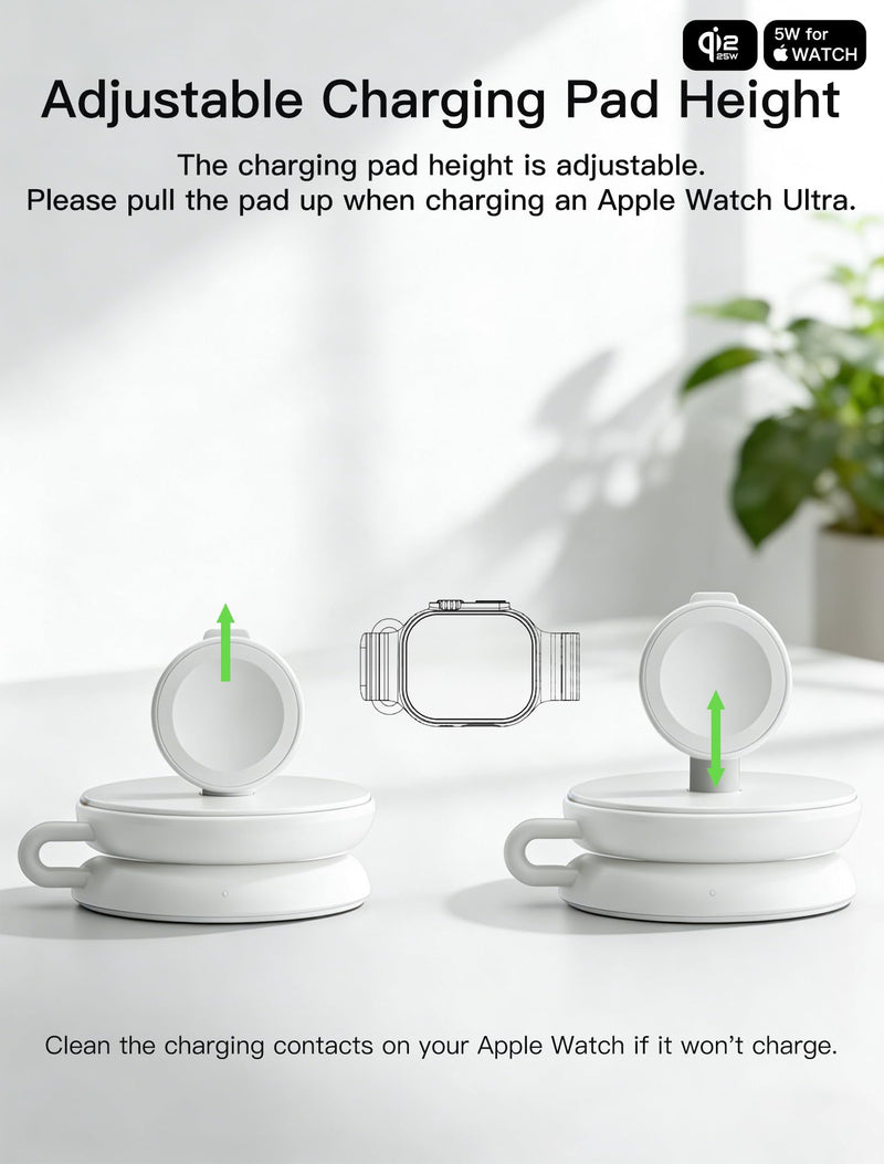 2 in 1 Magnetic Wireless Charger, Qi2 25W Fast Charging Travel Station Pad Compatible with MagSafe for iPhone Air/17/16/15/14/13/12, 5W for Apple Watch, AirPods 4/3/2/Pro with 30W Adapter (White) White
