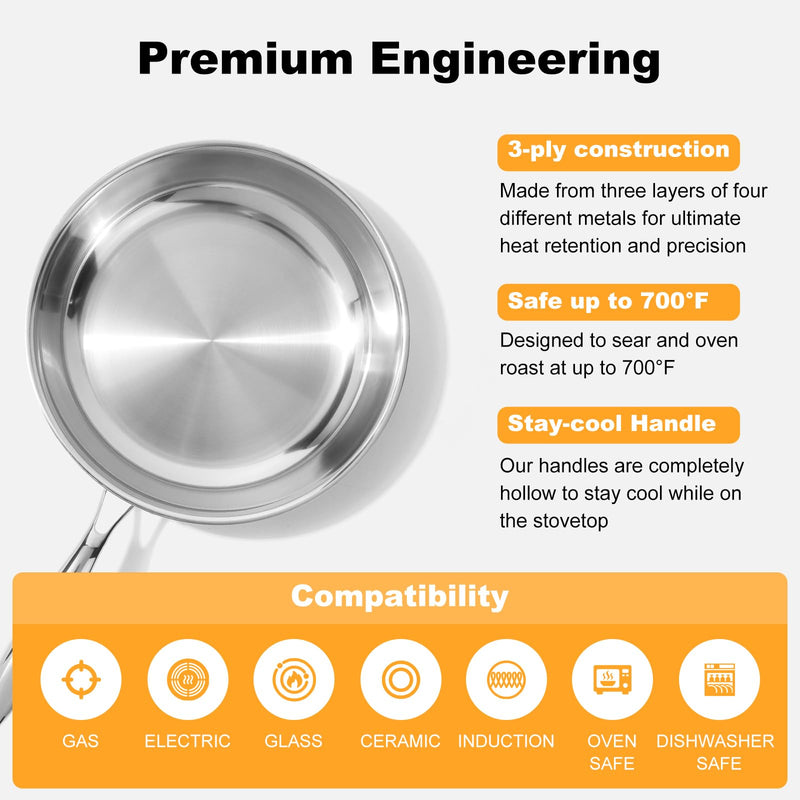 Ranbomer Stainless Steel Pan，Non-Toxic PFAS, PFOA & PTFE Free, Compatible With All Cooktops & Induction Safe, Oven Safe Pan for Searing & Sautéing, Long Lasting Cookware. (12 Inch)