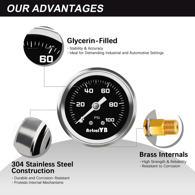 0-100 Psi Fuel Pressure Gauge, 1-1/2" Dial Size, 1/8" NPT Back Mount, Glycerin Liquid Filled, Stainless Steel Case, Inline Low Pressure Gauge, for Water Oil Air Pressure Test 0-100PSI