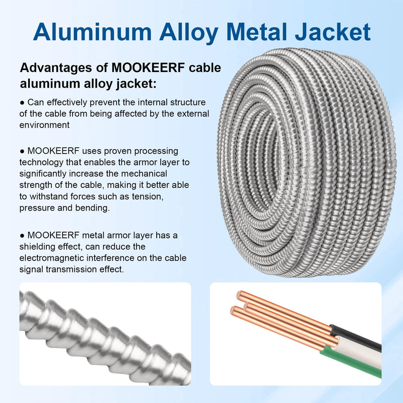 10/2 MC Cable with Ground - 10FT Pure Copper 10AWG/2 Metal Clad Wire with Aluminum Armor 10 Gauge 2 Conductor Type MC Alum Cable