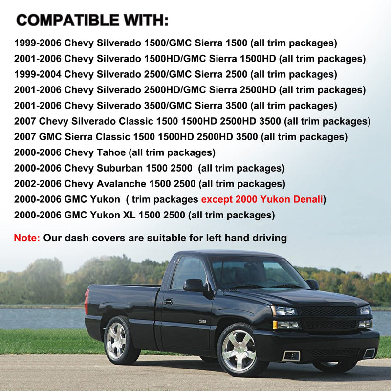 Dash Cover Mat Fit for 1999-2006 GMC Sierra/Chevy Chevrolet Silverado 1500 2500 3500 HD,2000-2006 GMC Yukon/Yukon XL/Chevy Suburban Tahoe Avalanche,Dashboard Pad Carpet (99-06 Black) Y44 99-06,Black