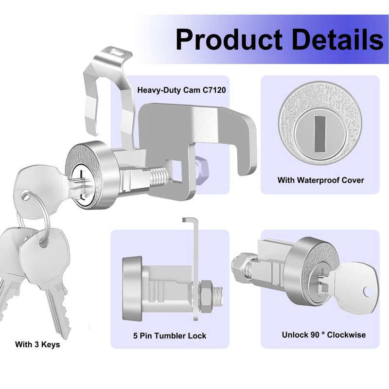 3 Pack Mailbox Locks with Keys Replacement,Mail Box Lock Heavy-Duty Hook Cam C7120 for C9100/C9200 L1172C National USPS Mailbox Lock Replacement, Nickel Finish 3 Pcs Key Different Silver