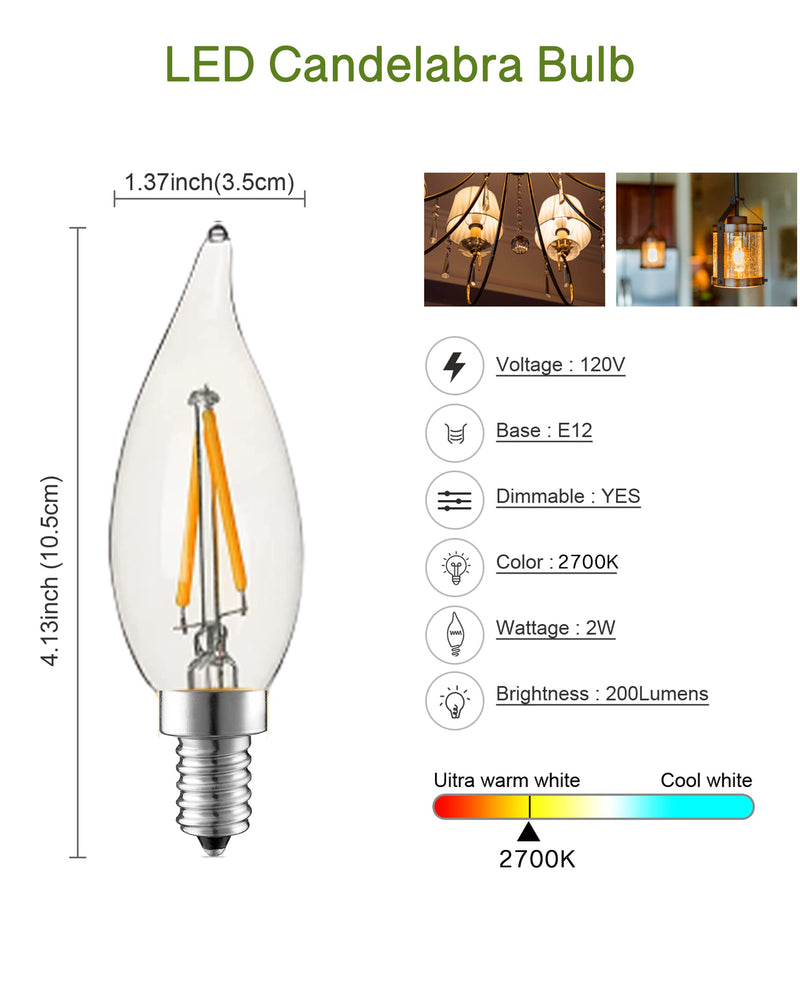 LED Candelabra Bulbs Candelabra Light Bulbs 25W Equivalent Dimmable E12 LED Bulb 2700K Soft Warm White, 2W 200LM Flame Tip Candle Bulb for Chandelier Wall Sconce 24-Pack. Clear