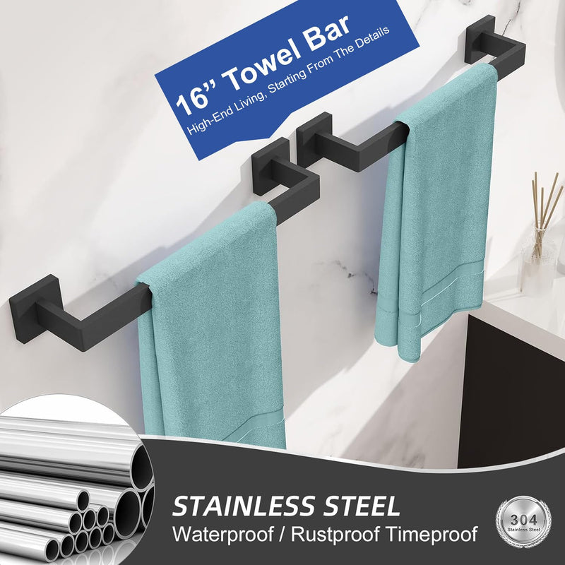 Towel Bar 2 Pack for Bathroom 16 Inch Matte Black Towel Holder 12/16/20/24/28/32/36 Inch Stainless Steel SUS304 Rustproof Towel Rack Modern Square Towel Rod for Bathroom Wall (2, Matte Black, 16 Inch)
