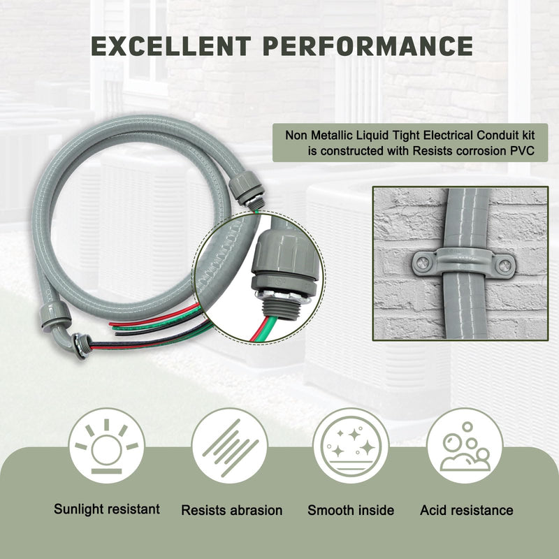 1/2" x 6Ft Power Whip Assembly Kit, Non-Metallic Liquid Tight Flexible Electrical Conduit with 10 Gauge Wire Electrical AC Whip Kit 1/2" x 6Ft