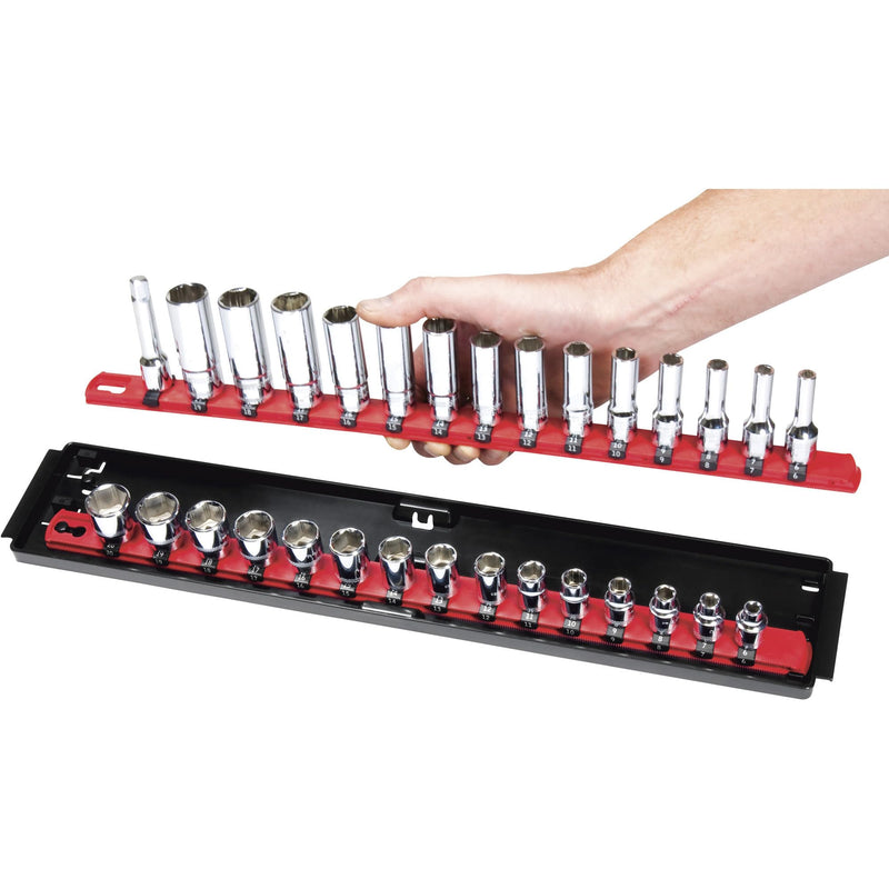 Ernst Manufacturing - 8453 Socket Boss 2-Rail 3/8-Inch-Drive Socket Organizer, 19-Inch, Red - Socket Storage Tray and Organization System for Mechanics and Automotive Service Technicians 3/8"