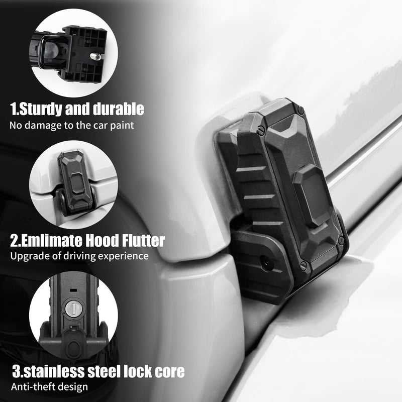 Locking Hood Latches for 2018-2026 Jeep Wrangler JL Accessories | Hood Latches Lock, Anti-Theft, No-Drill OEM Replacement, Eliminate Hood Flutter Bounce, With 2 Keys