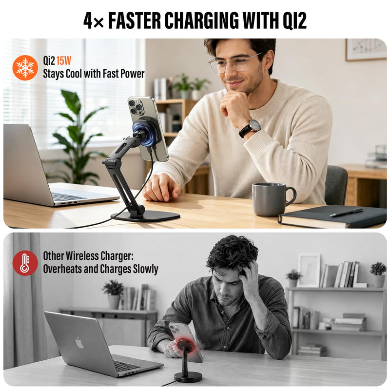 APPS2Car Qi2 15W Wireless Charger Stand Adjustable Phone Holder for Desk | 17 N52 Magnets, Built-In Cooling Fan, Height-Adjustable Foldable Arm, 360° Rotation, Weighted Anti-Slip Metal Base Black - Wireless Charging Stand