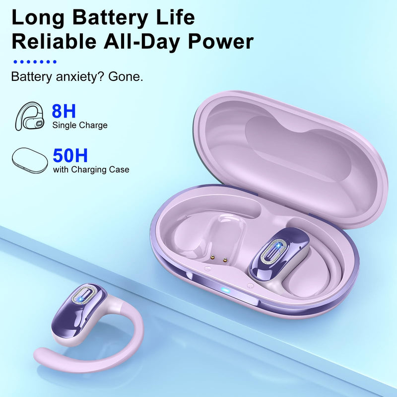 Open Ear Headphones, NEW Over Ear Earbuds with 4 ENC Noise-Canceling Mic | Ultra-Comfort Bone Conduction Earbuds, BT5.4, 50H HD Stereo, IPX7 Waterproof, Ergonomic Earhooks,Sports Ear Buds for Running Lavender
