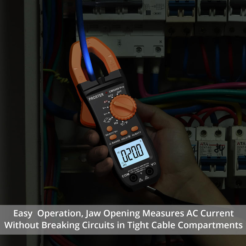 Proster Digital Clamp Meter 6000 Count - 800A DC AC Current Ammeters AC/DC Voltage Multimter, TRMS NCV Continuity Capacitance Resistance Frequency Diode Hz Tester, with Test Leads, Alligator Clips Black 6000Counts