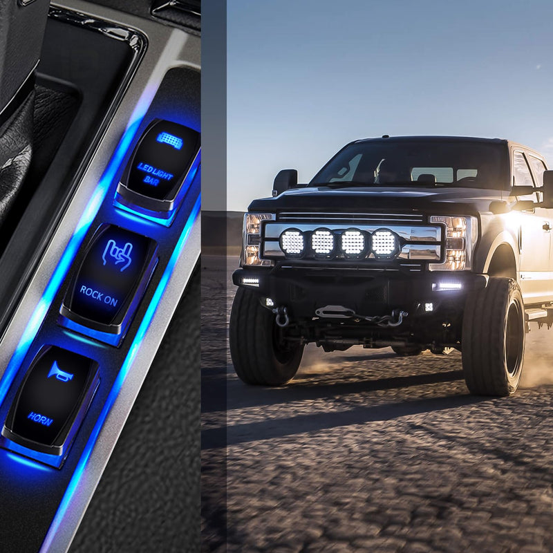 Nilight Rock On Rocker Switch Led Light Bar 5 Pin Laser ON/Off SPST switches 20A/12V 10A/24V Blue with Jumper Wires Set for Cars Trucks Boats ATVs UTVs RVs