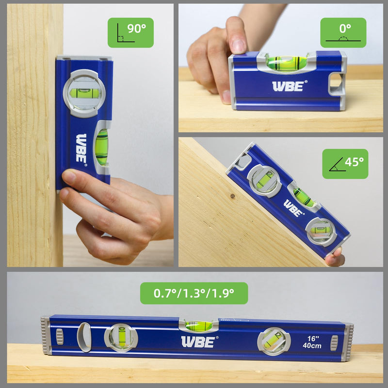 WBE 4-Piece Torpedo Level Set, Aluminium Alloy Magnetic Spirit Level Included 16", 7", 5", 4" Leveler with 180°/90°/45° Bubbles, Clear, Green.