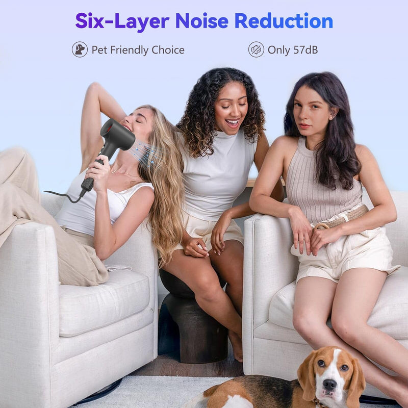 TQQ Hair Dryer with Diffuser, 200 Million Negative Ionic Hairdryer, 110, 000 RPM High Speed Brushless Motor Blow Dryer for 2min Fast Drying, 57dB Low Noise Travel Hairdryers for Women and Men Grey